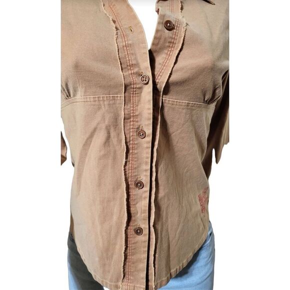 Women's long sleeve button-up raw edge biscuit shirt M - Picture 6 of 7